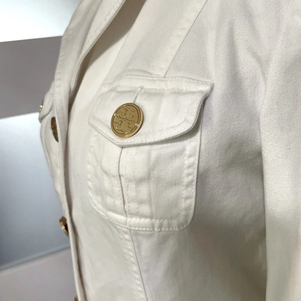Tory Burch White Military Safari Utility Jacket Gold Buttons Size 8 🤍✨